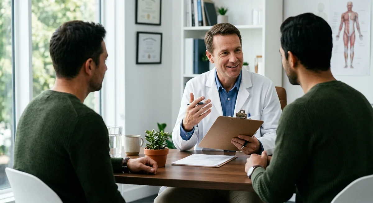 Arzt erklaert einem Patienten in einer hellen Praxis die Verschreibung von medizinischem Cannabis
