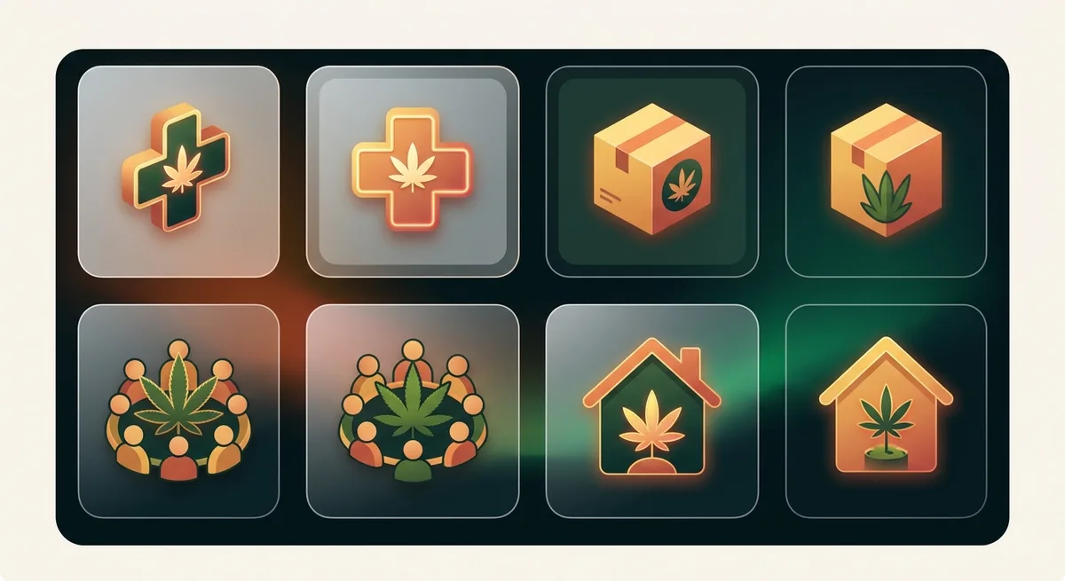 Vier Symbole zeigen Apotheke, Online-Bestellung, Cannabis Social Club und Eigenanbau als Bezugswege