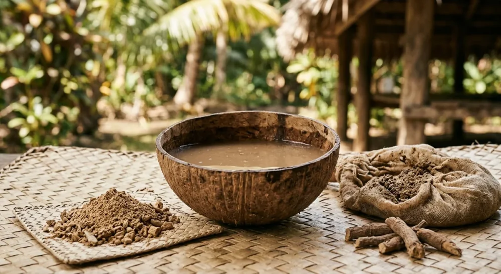 Kava Getränk in einer Kokosnussschale mit Kava-Wurzelpulver und Seihtuch auf einem geflochtenen Tablett