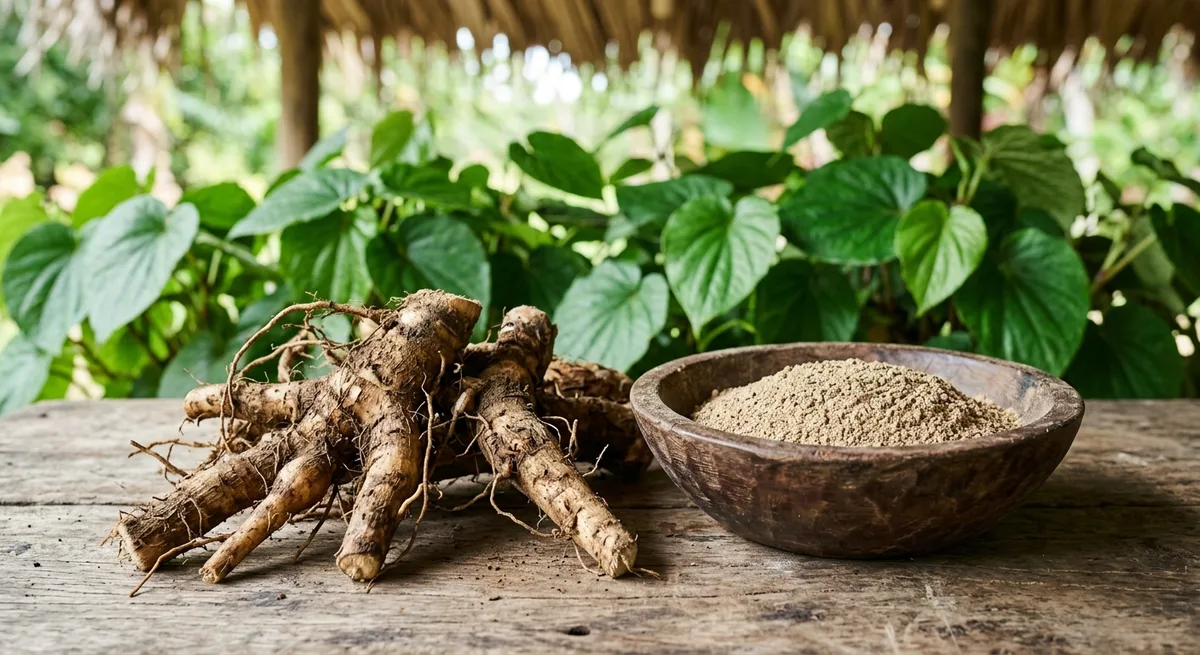 Frische Kava-Wurzel neben gemahlenem Kava-Pulver auf einer Holzfläche mit grünen Blättern
