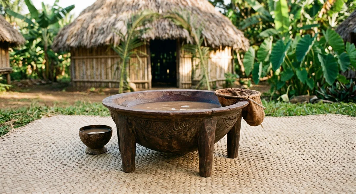 Traditionelle Kava-Zeremonie auf einer Pazifikinsel mit Tanoa-Schale und Männern in traditioneller Kleidung