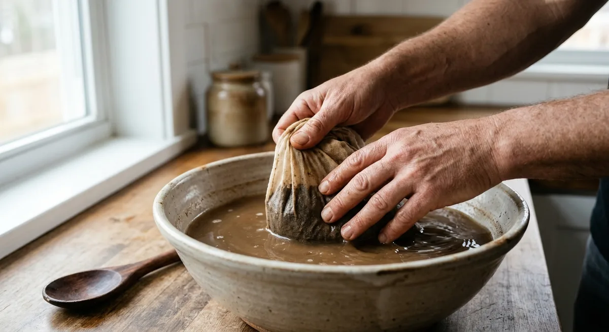 Hände kneten einen Nussmilchbeutel mit Kava-Pulver in einer Schüssel mit trübem braunem Wasser