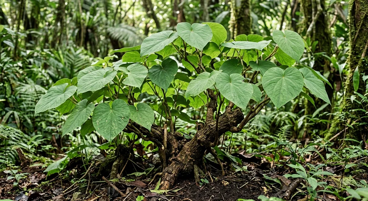 Kava-Pflanze Piper methysticum mit großen grünen Blättern in tropischer Umgebung