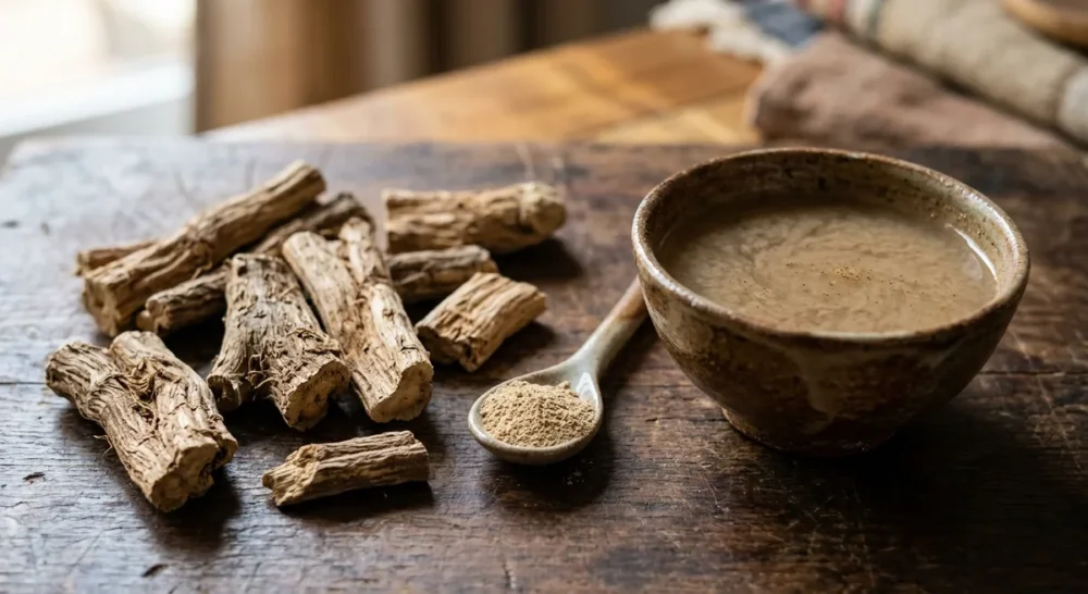 Getrocknete Kava-Kava-Wurzel und Pulver neben einer Schale mit traditionellem Kava-Getränk