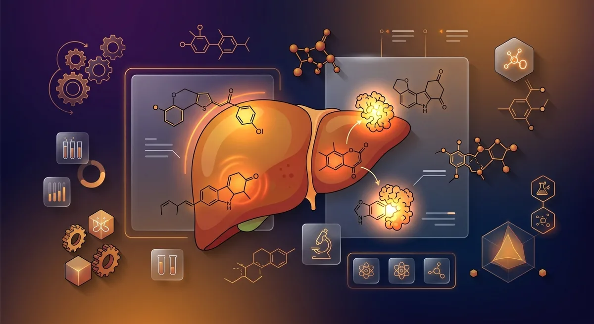 Medizinische Illustration einer entzuendeten Leber mit Darstellung von Cytochrom-P450-Enzymen