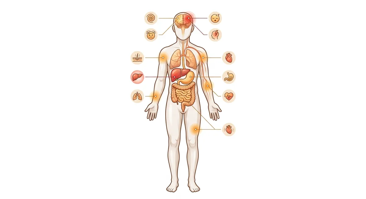 Medizinische Illustration eines Koerpers mit markierten Organsystemen die von Kava-Nebenwirkungen betroffen sind
