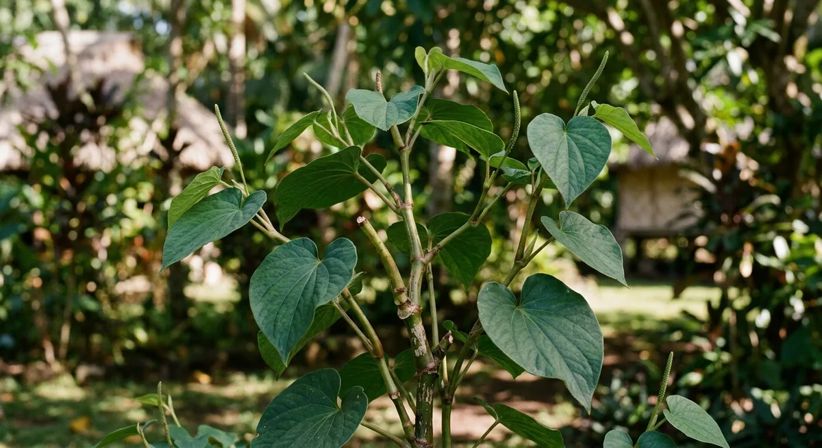 Kava-Kava-Pflanze Piper methysticum mit breiten gruenen Blaettern in tropischer Umgebung im Pazifik