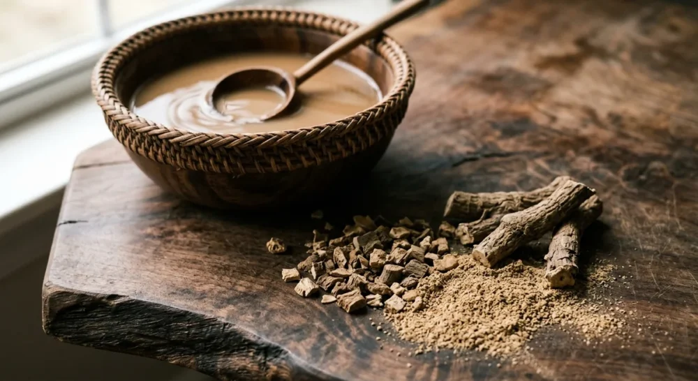Getrockneter Kava-Wurzelstock und Kava-Pulver neben einer traditionellen Schale mit Kava-Getraenk