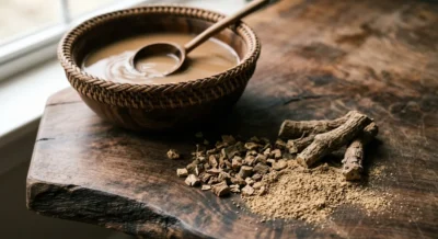 Getrockneter Kava-Wurzelstock und Kava-Pulver neben einer traditionellen Schale mit Kava-Getraenk