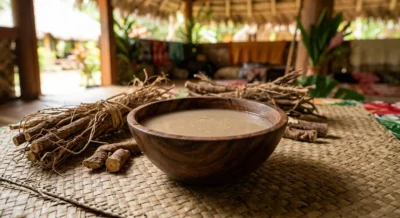 Holzschale mit frisch zubereitetem Kava-Getränk neben getrockneten Kava-Wurzeln auf Flechtmatte