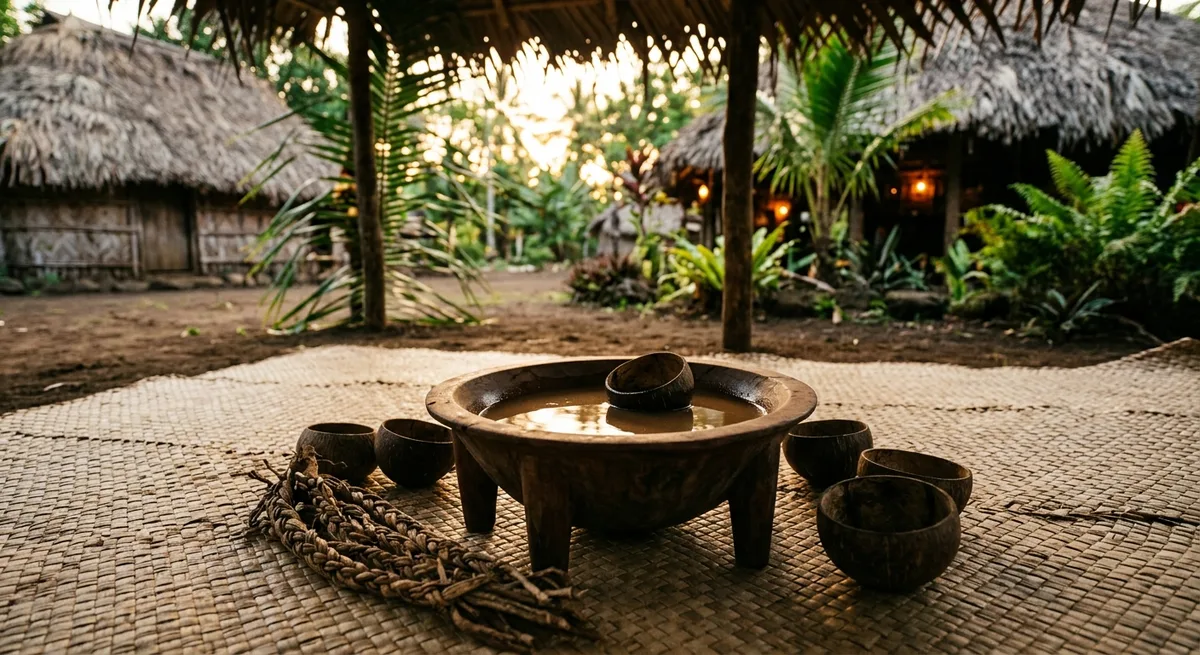 Traditionelle Kava-Zeremonie auf einer Pazifikinsel, Menschen sitzen im Kreis und reichen Kokosnussschale