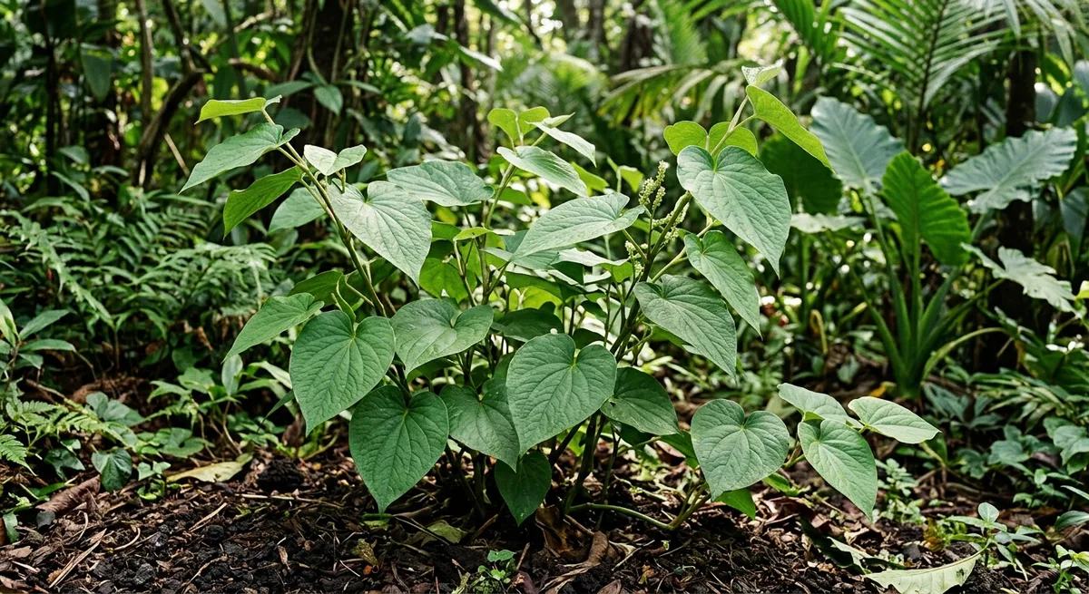 Kava-Pflanze mit großen herzförmigen Blättern wächst in tropisch-vulkanischem Boden im Südpazifik
