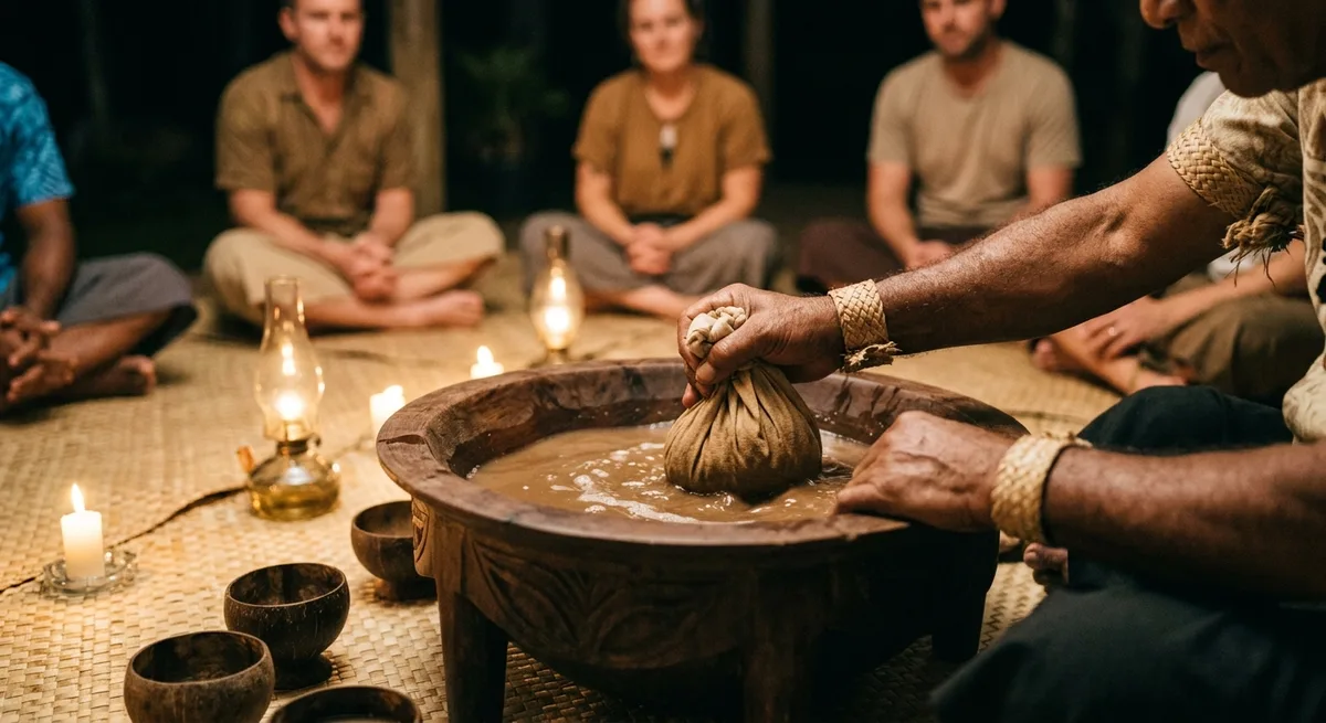 Traditionelle fidschianische Kava-Zeremonie mit Tanoa-Holzschale und Teilnehmern auf Flechtmatten