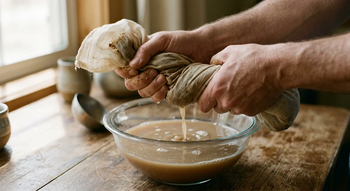 Hände kneten einen Strainer-Beutel mit Kava-Pulver in einer Schüssel mit milchig-brauner Kava-Flüssigkeit