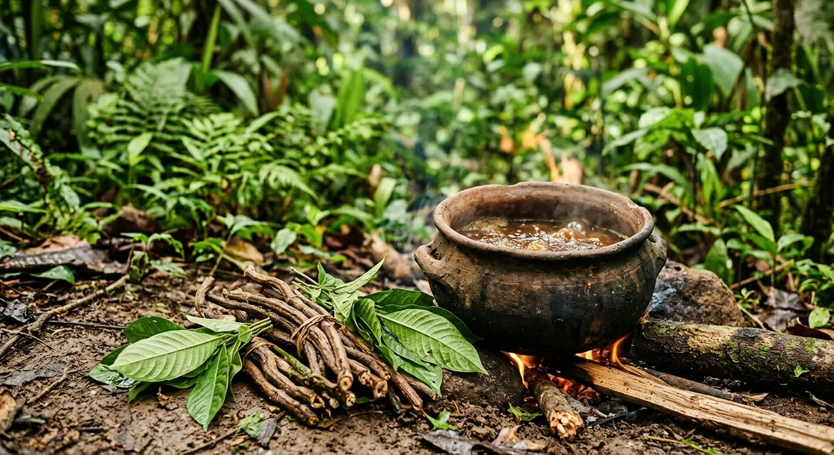 Traditionelle Ayahuasca-Zubereitung mit Banisteriopsis caapi-Liane und Psychotria viridis-Blättern über offenem Feuer
