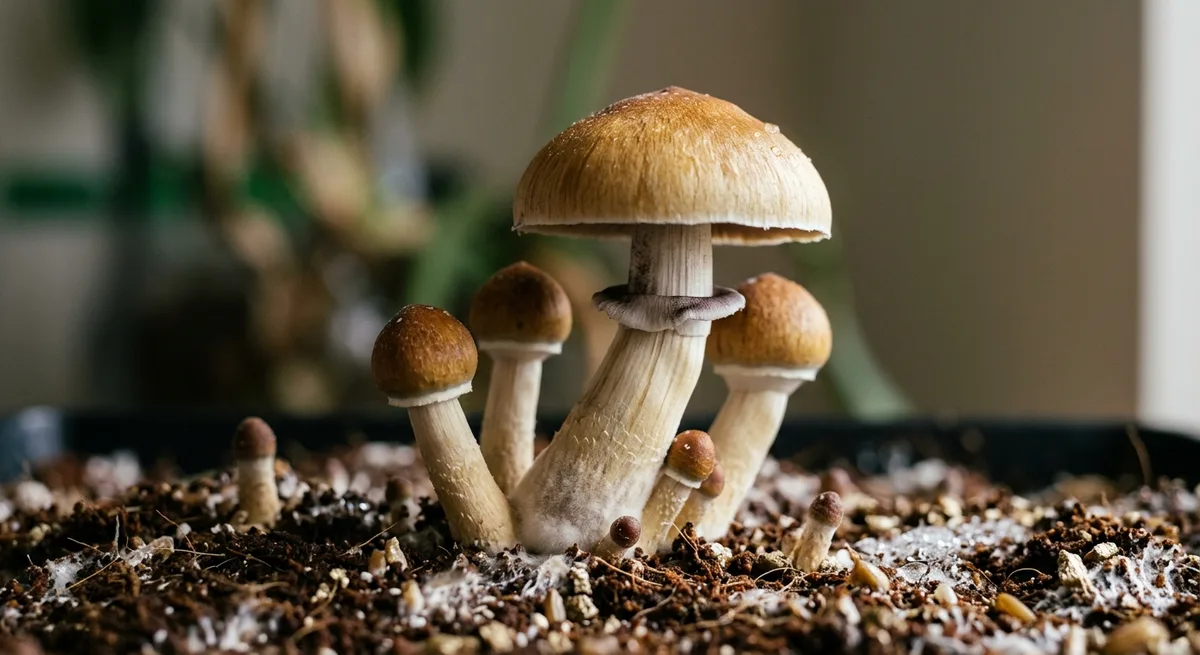 Nahaufnahme frischer Psilocybe cubensis Pilze mit goldbraunen Hüten auf dunklem Substrat