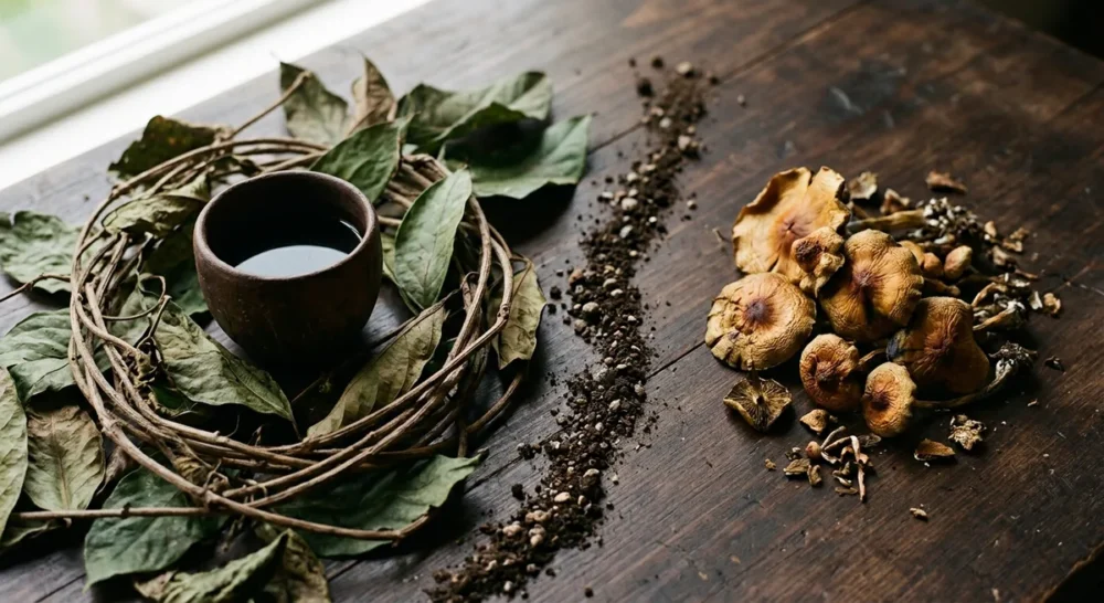 Ayahuasca-Gebräu in Tonschale neben getrockneten Psilocybin-Pilzen auf dunklem Holzuntergrund