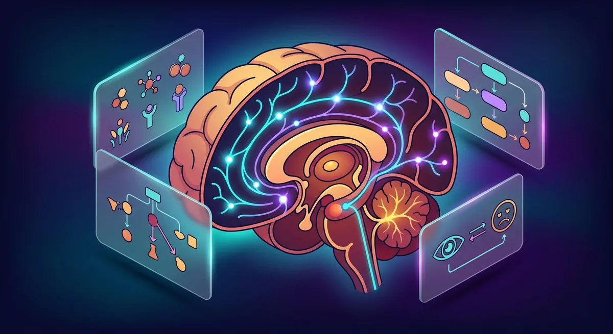 Stilisierte Illustration eines Gehirns mit leuchtenden neuronalen Verbindungen in Cyan und Violett