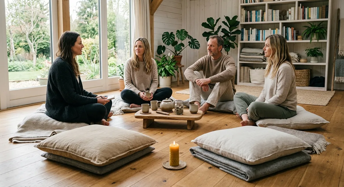 Kleine Retreatgruppe mit Facilitator in hellem Raum auf Leinenkissen im Kreis sitzend