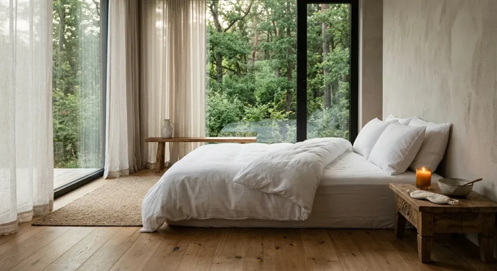 Ruhiger Retreatraum mit weißem Leinenbett, Kerze und Waldblick durch große Fenster