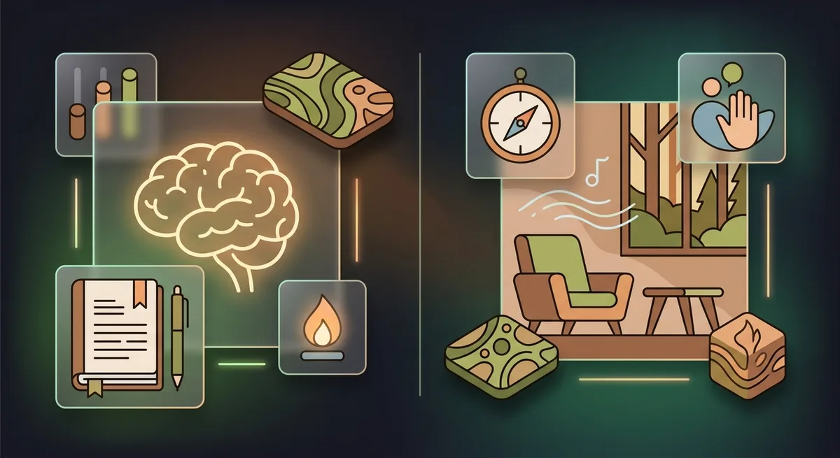 Illustration mit innerer Haltung links und äußerer Retreatumgebung rechts als zwei ausgewogene Hälften