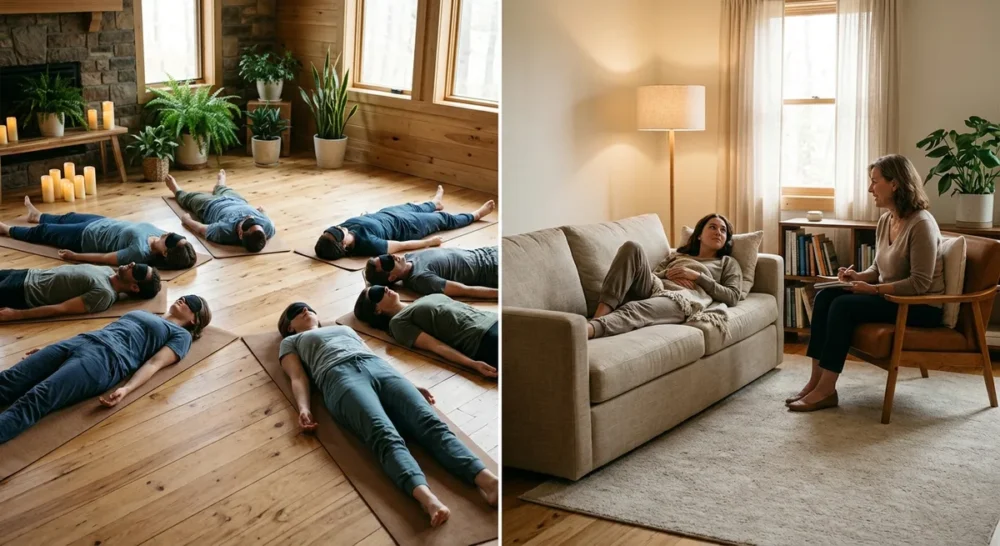 Gruppe auf Matten im Retreat-Raum links, Einzelperson mit Therapeut in ruhigem Therapieraum rechts