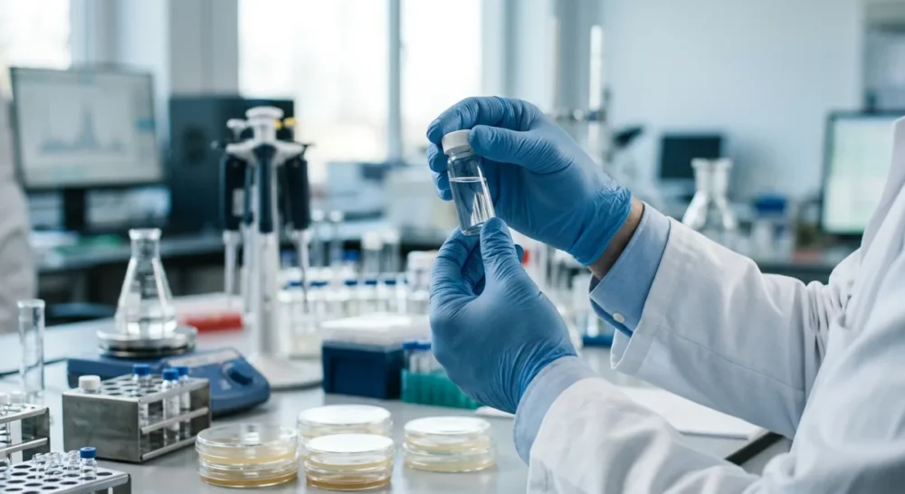 Wissenschaftler im Labor hält Glasvial mit klarer Substanz, moderne Forschungsausstattung im Hintergrund