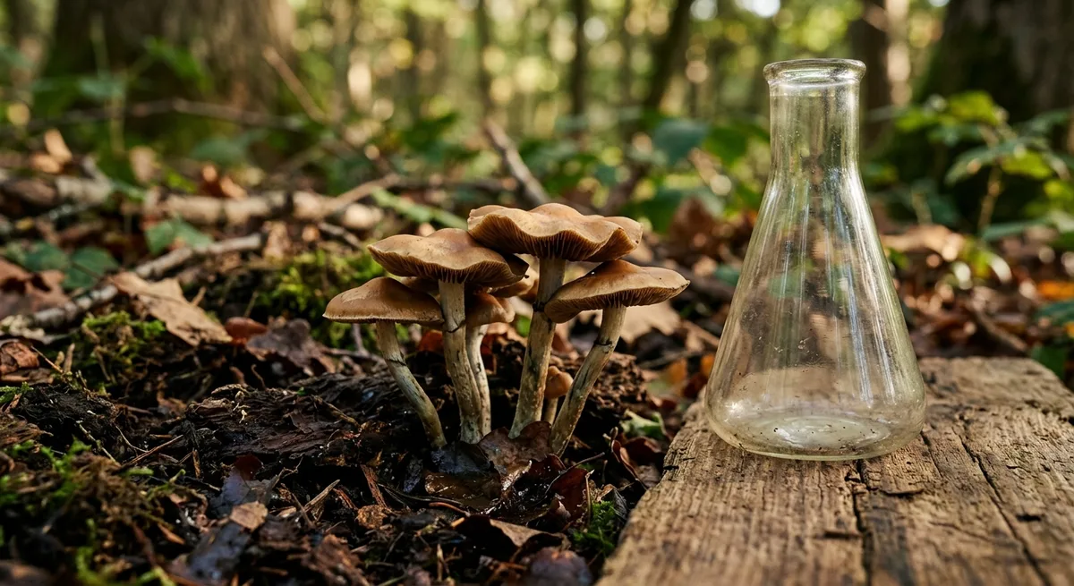Psilocybe-Pilze auf Waldboden neben einem Chemiekolben im natürlichen Licht