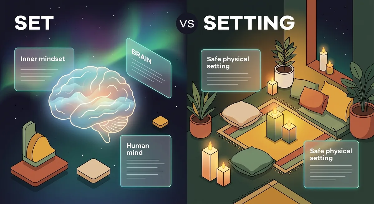 Illustration zeigt zwei Hälften: ruhiges Gehirn links symbolisiert Mindset, gemütlicher Raum rechts das Setting