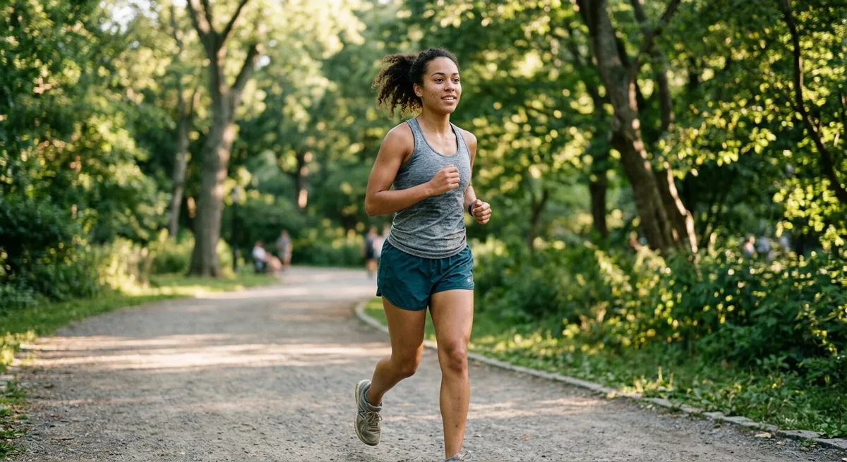 Junger Erwachsener joggt energiegeladen im sonnigen Park zwischen grünen Bäumen