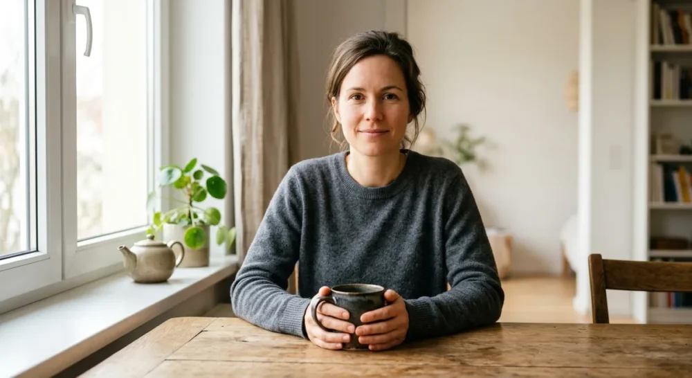 Person sitzt ruhig am Tisch mit Teetasse, helles Morgenlicht, klare entspannte Atmosphäre