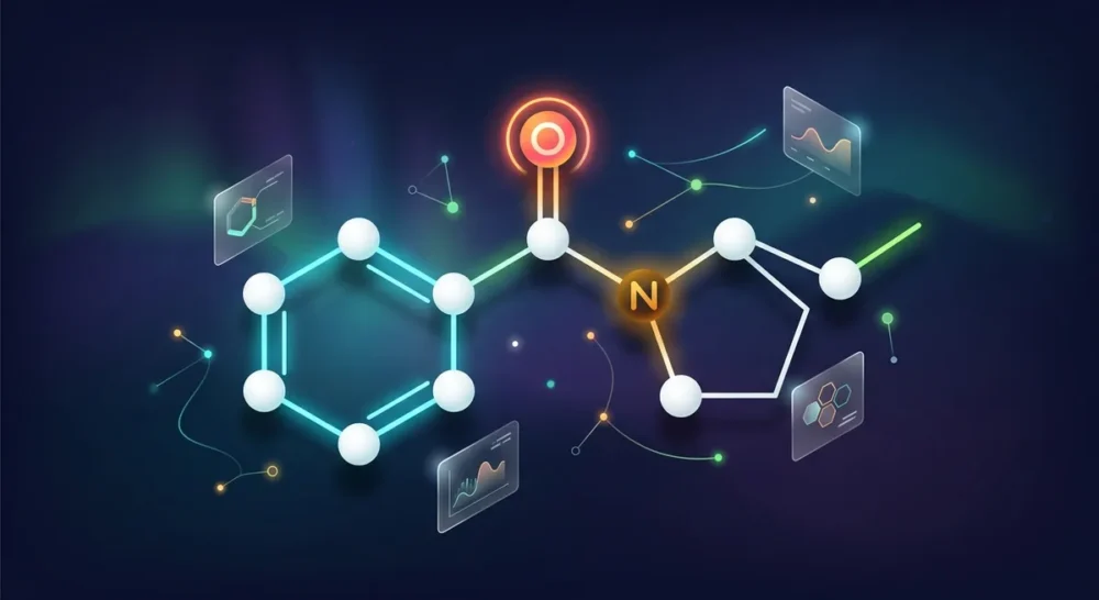 Schematische Illustration einer Pyrrolidinophenon-Molekülstruktur mit Phenylring und Pyrrolidin-Gruppe