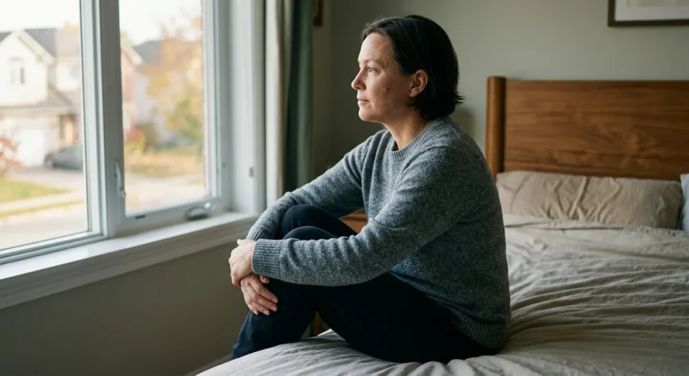Person sitzt nachdenklich auf einem Bett am Morgen und blickt aus dem Fenster