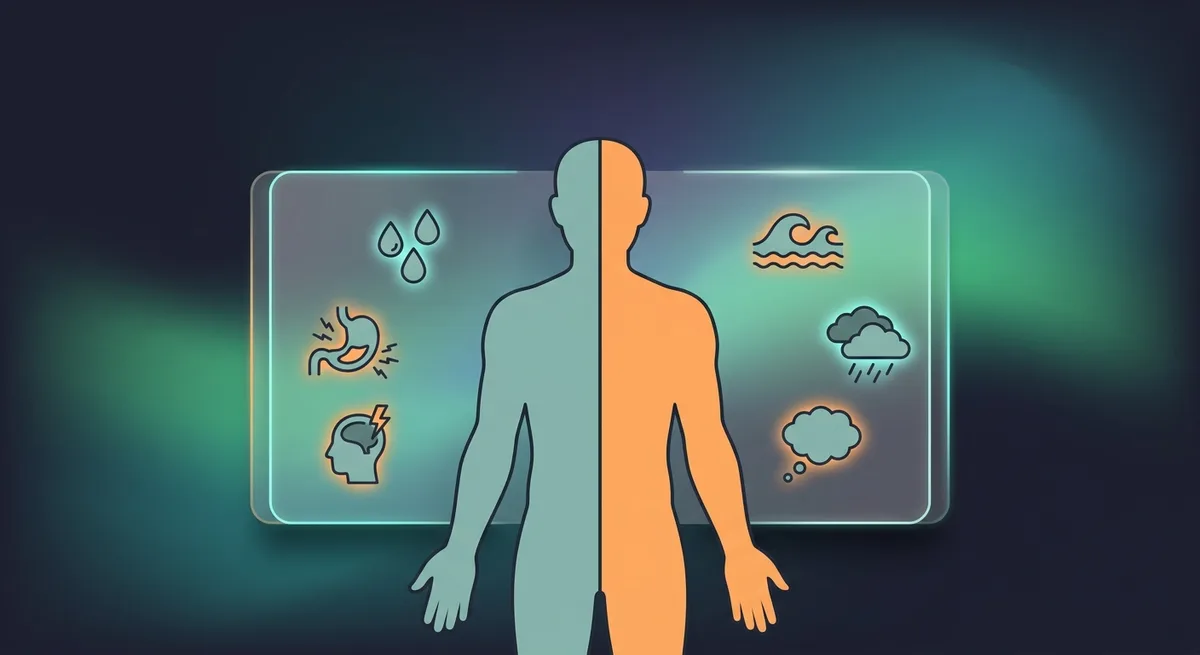 Illustration eines menschlichen Koerpers mit koerperlichen Symptomen links und psychischen Symptomen rechts