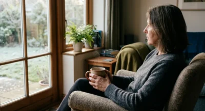 Person sitzt nachdenklich am Fenster mit einer Tasse Tee und blickt ins Licht
