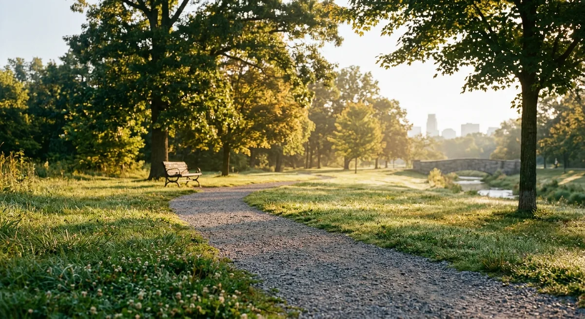 Junger Erwachsener joggt entspannt durch einen sonnigen Park am Morgen mit goldenem Licht
