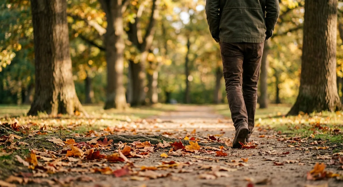 Person spaziert allein in herbstlichem Stadtpark bei warmem Abendlicht