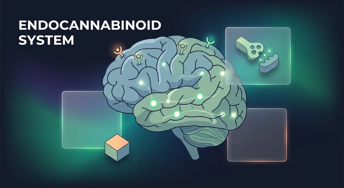 Medizinische Illustration eines Gehirns mit hervorgehobenen Cannabinoid-Rezeptorpunkten und Signalwegen