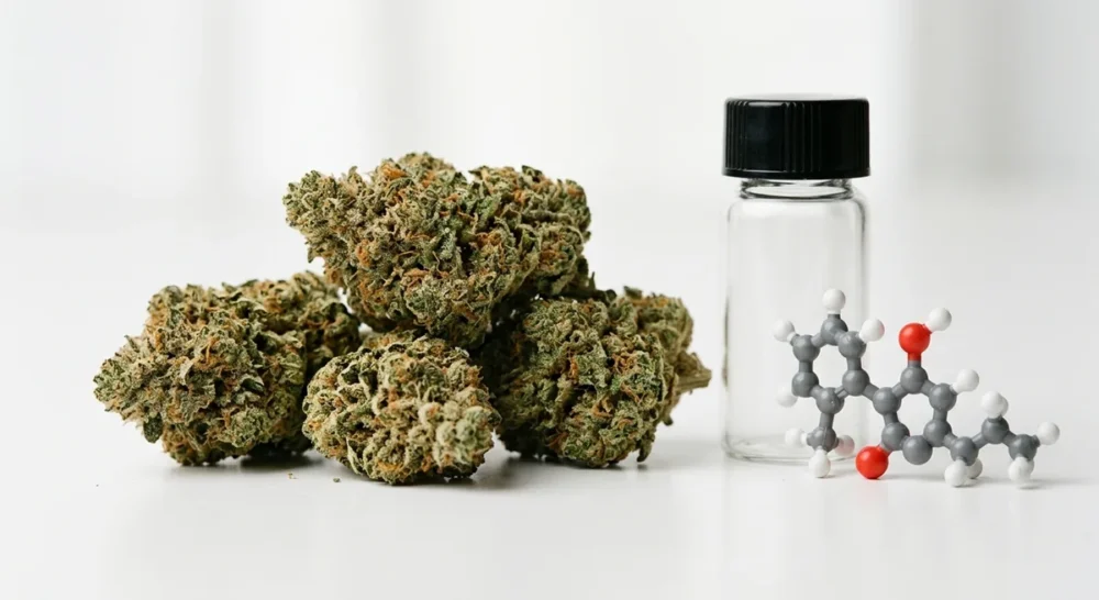 Frische Cannabisblüten mit Trichomen neben einem Laborglasgefäß auf weißem Untergrund